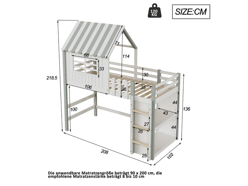  Lit mezzanine enfant 90 x 200 cm en bois avec toit, échelle et barrière verte  - Conforama C