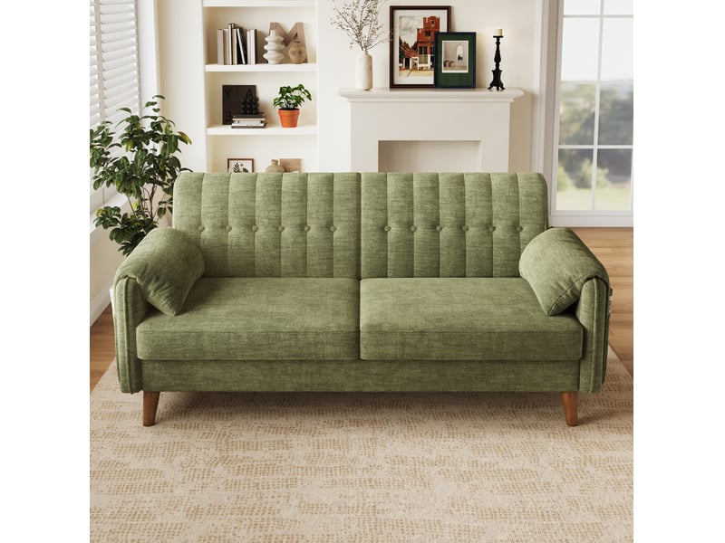 Canapé 2 places moderne en chenille avec dossier capitonné, coussins d'oreiller d'assise et poches latérales, pieds en bois massif, vert - Conforama D
