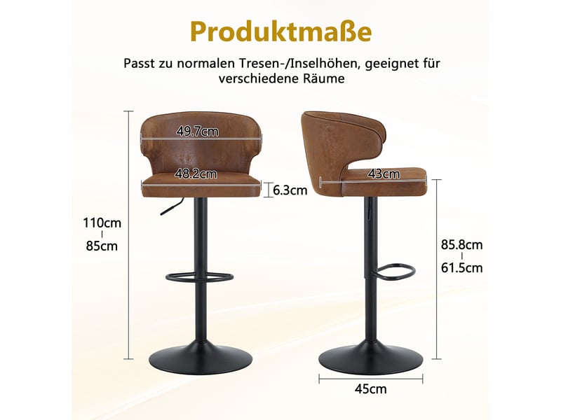  Lot de 2 tabourets de bar 49,7x45x110 cm avec dossier réglables en hauteur, pivotants à 360°, polyuréthane (pu), marron  - Conforama C