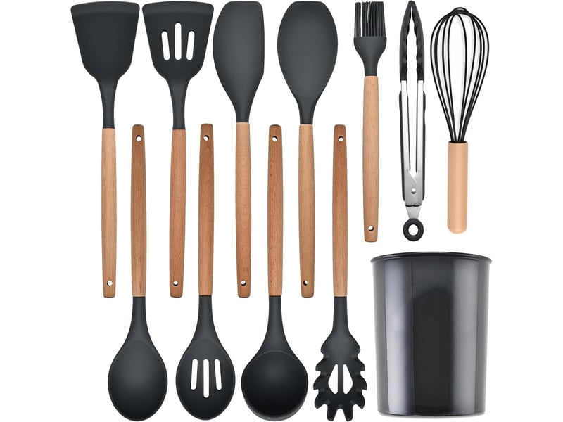  Set de 12 ustensiles de cuisine en silicone et bois avec support chicfurn  - Conforama R