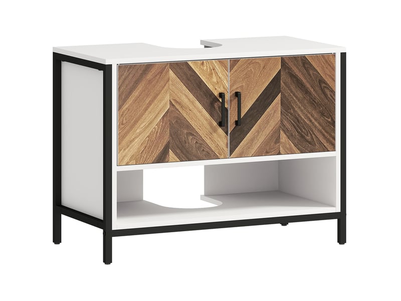  Meuble sous-évier à 2 portes et compartiment ouvert pour évier avec ou sans colonne, 80 x 40 x 60 cm, crème et noyer  - Conforama A