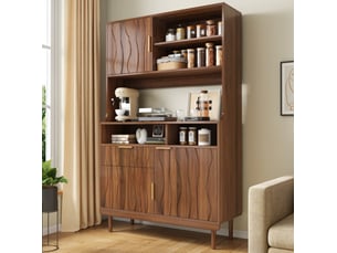 Buffet de cuisine haut avec 3 portes, 1 tiroir et 4 niches ouvertes, façade texturée, noyer, 100 × 32 × 170 cm