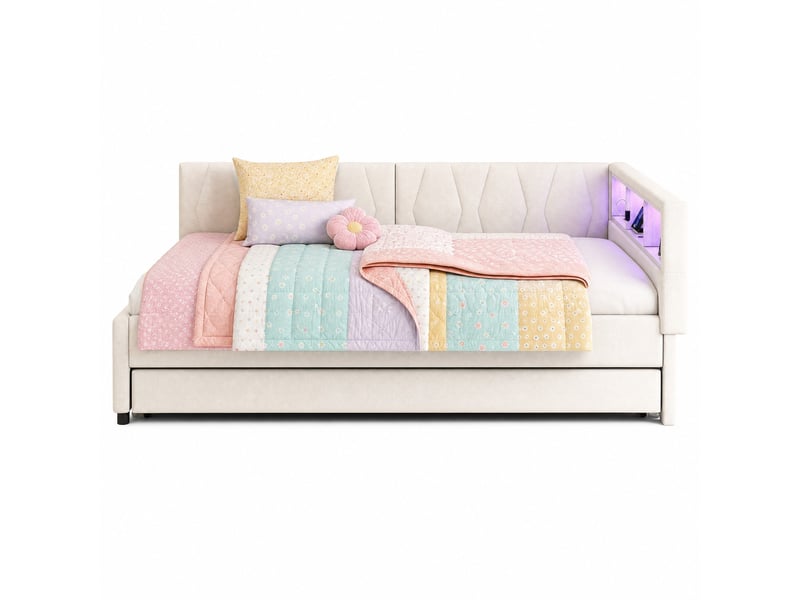  Lit gigogne 140x200 cm avec led et ports usb en lin beige  - Conforama A