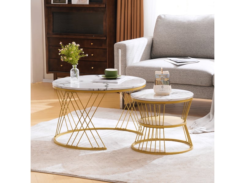  Table basse gigogne lot de 2 tables basses effet marbre blanc avec structure en métal doré pour salon  - Conforama W