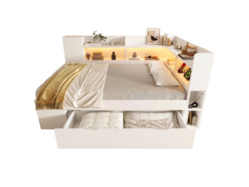  Lit banquette 140 x 200 cm blanc avec matelas, led, rangements et ports usbusb-c  - Conforama A
