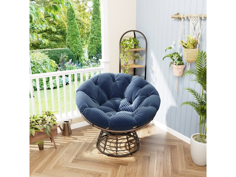  Fauteuil papasan en rotin marron pivotant 360° avec coussin bleu marine épais  - Conforama B