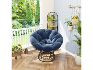 Fauteuil papasan en rotin marron pivotant 360° avec coussin bleu marine épais
