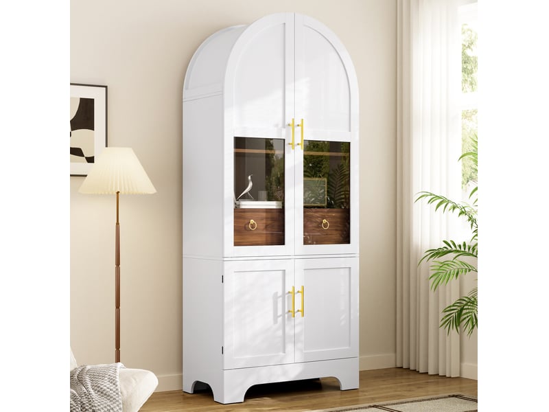  Buffet 76x40x180 cm avec façade en verre, éclairage led, 4 portes et 1 tiroir, mdf et panneau de particules, blanc  - Conforama B