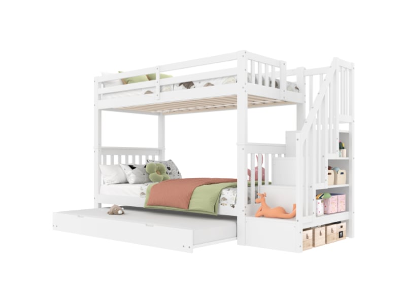  Lit superpose avec rangement 90×200 cm blanc avec escalier‑rangement, lit extractible à roulettes, barrières hautes, certifié en747‑1  - Conforama A