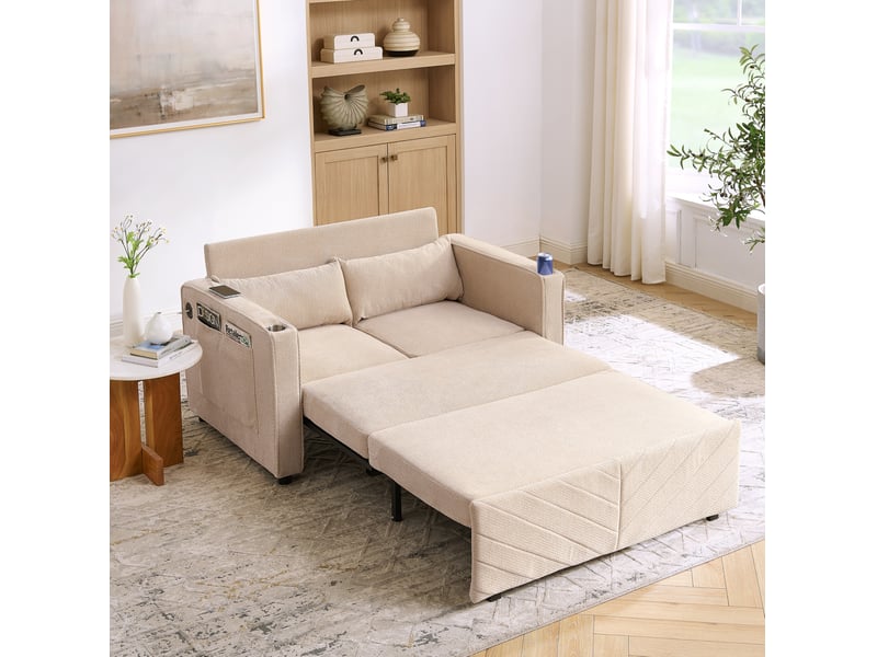  Canapé-lit ulevr 2 places convertible coulissant avec ports usb, 134 x 82 x 73 cm, bois et tissu beige  - Conforama B