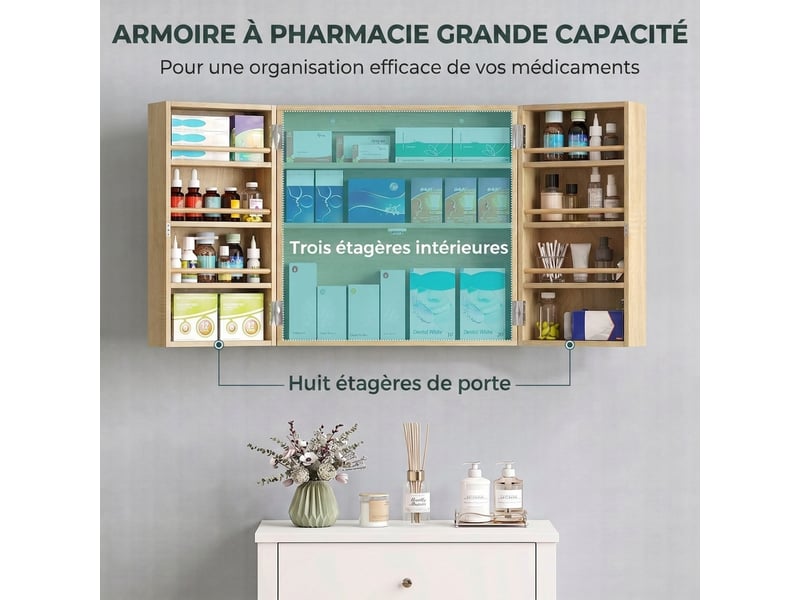  Armoire à pharmacie murale, armoire à médicaments avec double porte verrouillable 2 clés, 53x20x53cm, chêne  - Conforama D
