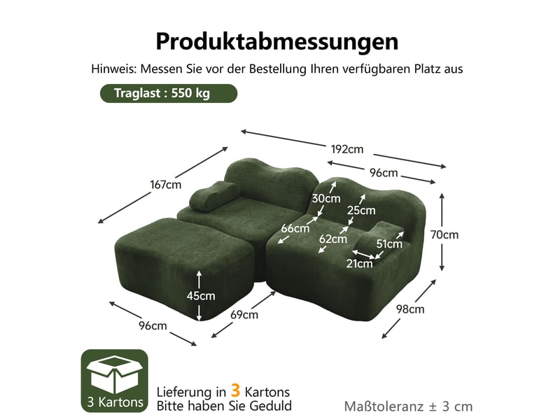  Canapé d'angle modulaire 2 places avec pouf en velours vert, forme ondulée  - Conforama E