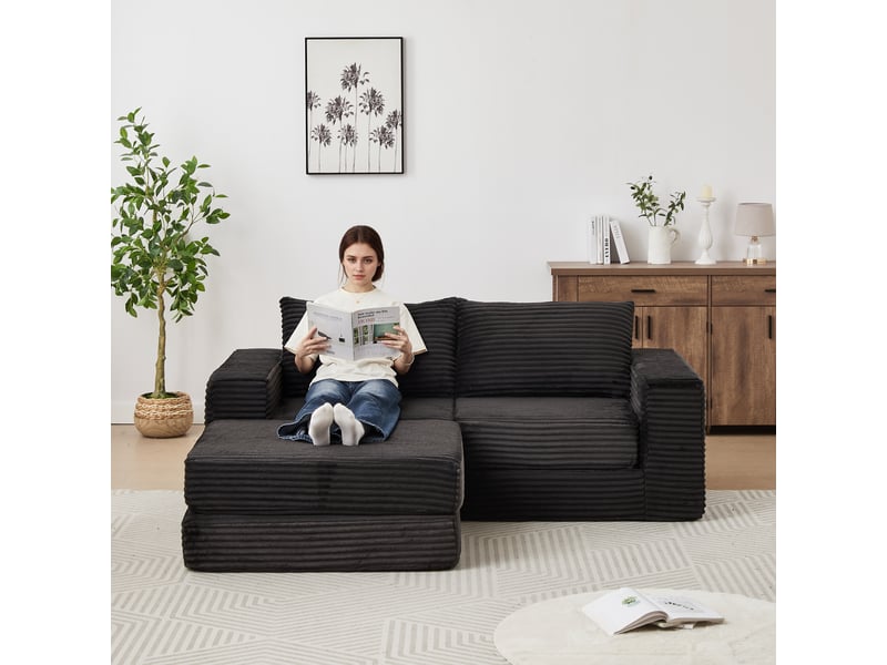 Canapé convertible 2 places en velours côtelé avec repose-pieds amovible, design modulable, coussins inclus et fonction lit - noir - Conforama C
