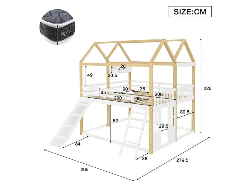  Lit mezzanine enfant 90 × 200 cm 1 place avec toboggan, échelle réversible et espace de jeu, sans matelas  - Conforama D
