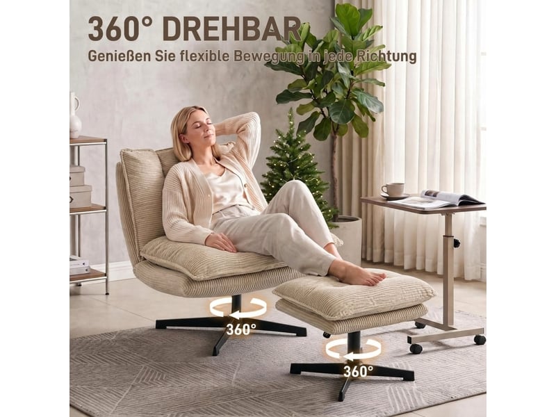 Fauteuil de salon - fauteuil lounge avec repose-pieds, pivotant à 360°, revêtement en velours côtelé, beige - Conforama E