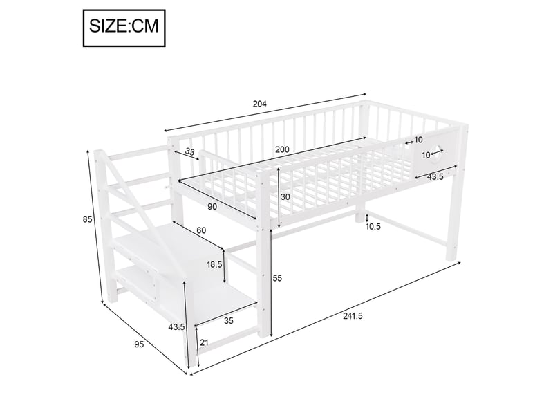  Lit mezzanine bas 90 x 200 cm, avec échelle de rangement, cadre métallique stable, pour enfants et adolescents, blanc  - Conforama E