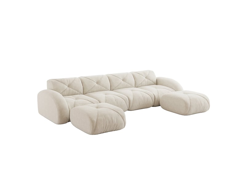 Canapé modulable panoramique 4 places en chenille beige clair avec 2 poufs - Conforama A