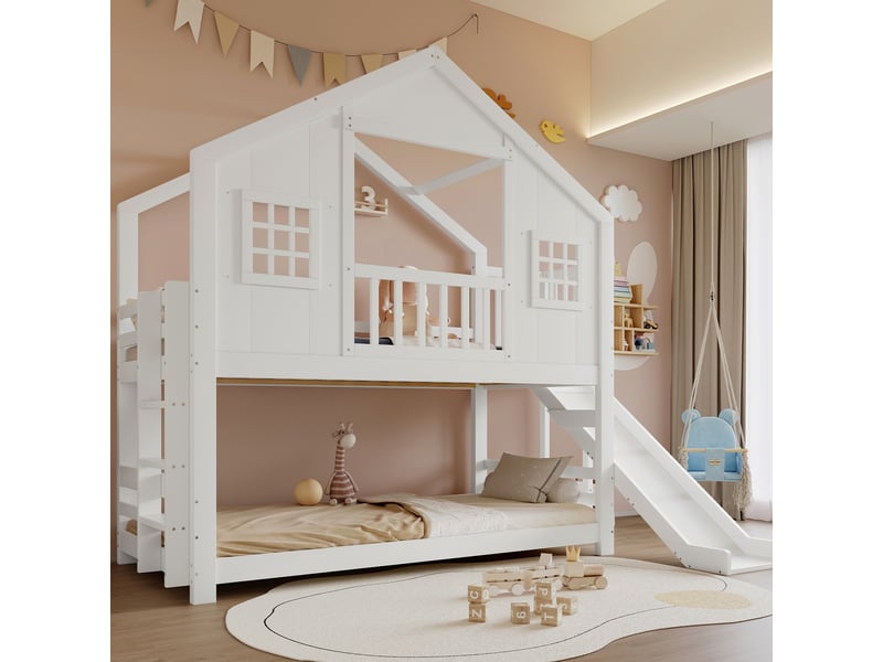  Lit superposé 90x200 cm avec escalier et garde corps lit enfant avec sommier à lattes en bois massif mdf blanc Bubbly - Conforama C