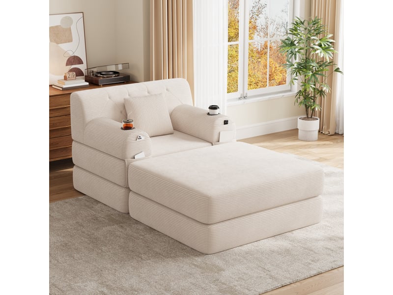Fauteuil convertible 1 place avec dossier haut, 2 porte-gobelets et 4 poches latérales, en velours côtelé beige - Conforama B
