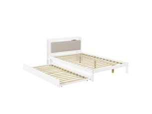 Lit blanc 120x200 avec lit gigogne 90x190 – bois, tête de lit rembourrée, étagère, station de charge et rangement