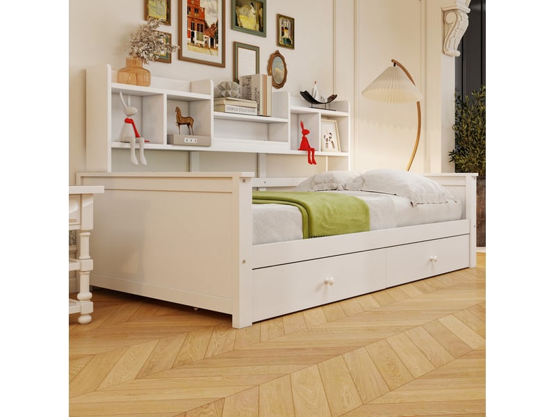  Lit simple 90x200 cm avec tiroirs et rangements en bois blanc  - Conforama D