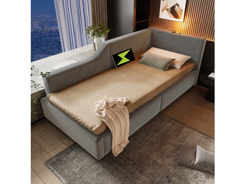  Lit banquette 90 x 190 cm en velours gris avec rangement hydraulique, liseuse et usb-c  - Conforama C
