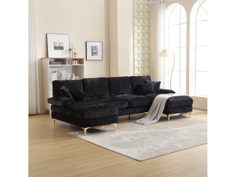  Canapé panoramique modenvie en u 4 places 272 x 136 cm chenille noir  - Conforama D