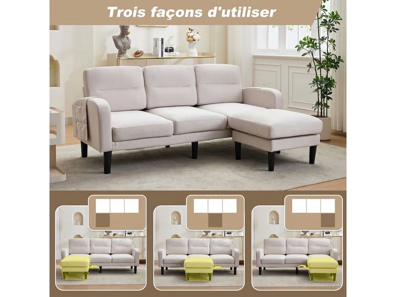 Canapé d'angle beige 3 places avec méridienne 204x136x80cm - modulable avec poches - Conforama D