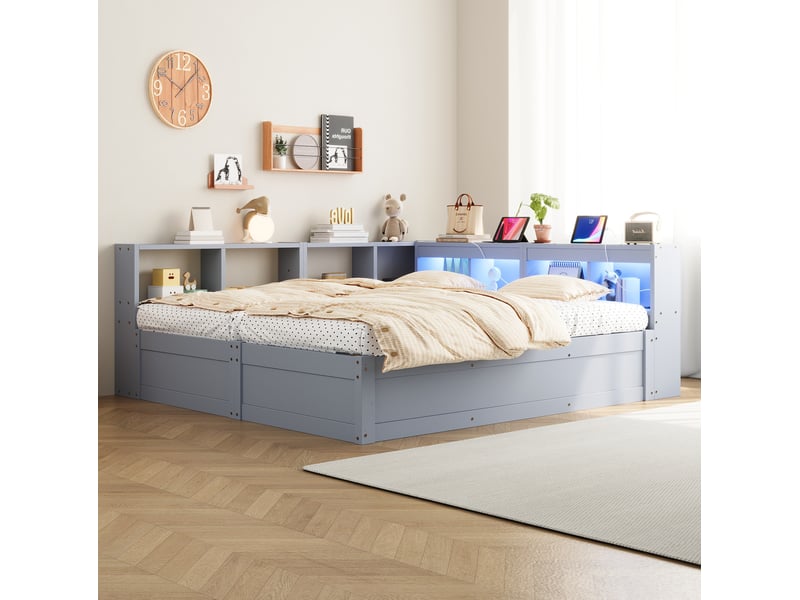  Modenvie lit modulable 90x200180x200 cm - avec rangement, led et prises intégrées - gris  - Conforama E