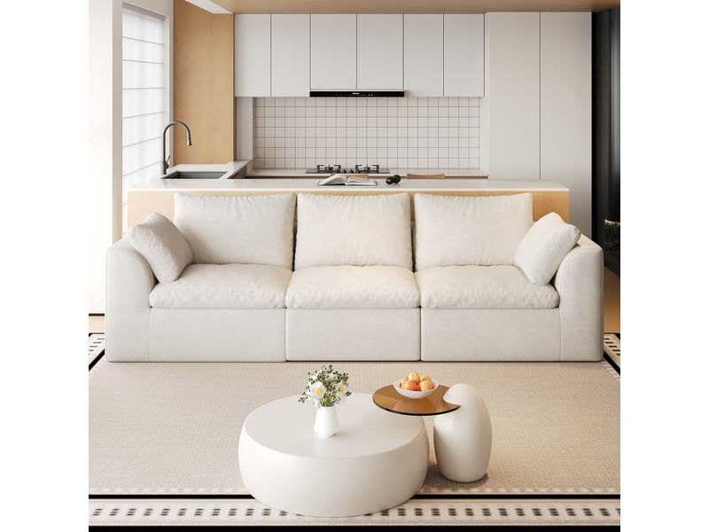  Canapé droit 4 places en tissu lin beige et blanc, 245 cm, mousse compressée IKSETERA TRADING LTD - Conforama B