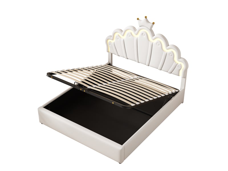 Lit double 140x200cm, lit coffre avec espace de rangement, tête de lit réglable, led et sommier, pu blanc,sans matelas - Conforama R