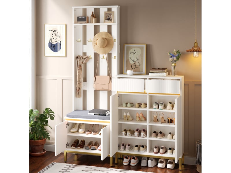  Vestiaire d'entrée blanc avec banc, rangement chaussures, crochets et led bluetooth pilotée par application  - Conforama E