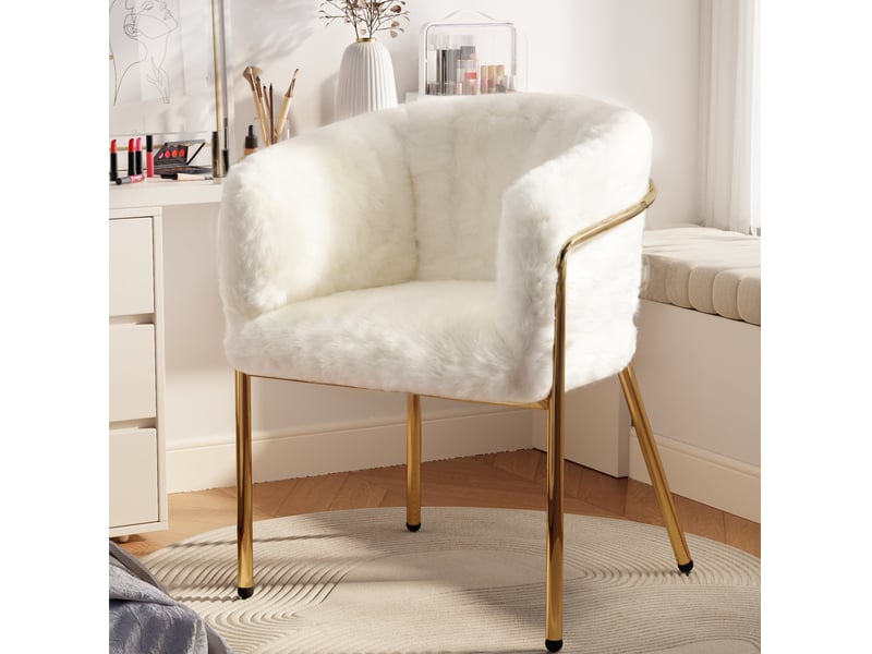  Chaise de salle à manger lot de 4 avec accoudoirs et pieds métalliques, imitation fourrure de lapin blanche  - Conforama E