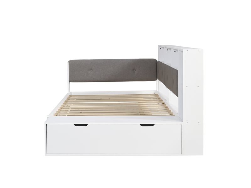  Lit en bois 120x200 cm avec lit gigogne 90x190 cm, lit fonctionnel avec espace de rangement et fonction de chargement, lit simple pour enfant avec tête de lit capitonnée, étagères latérales et banc à chaussures, blanc  - Conforama D