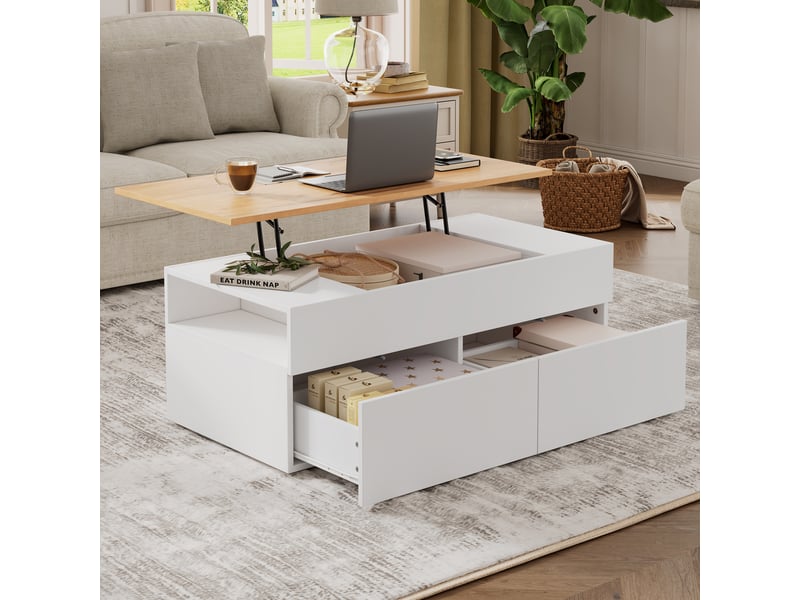 Table basse relevable 100x50 cm, table de salon avec rangement caché et 2 tiroirs, table basse blanc et bois - Conforama C