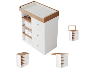 Table à langer 2-en-1 82x50x100 cm, 3 tiroirs, barrière amovible, rangements mdf blanc aspect bois clair