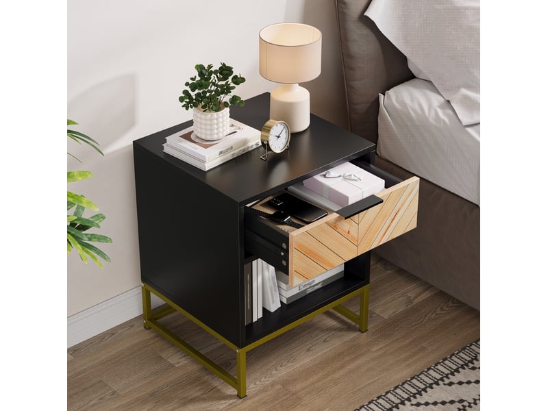  Table de chevet moderne 43x40x55 cm, 1 tiroir et 1 niche, meuble de chambre, pieds métal, entrée, mdf, noir et naturel  - Conforama B