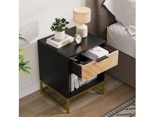 Table de chevet moderne 43x40x55 cm, 1 tiroir et 1 niche, meuble de chambre, pieds métal, entrée, mdf, noir et naturel