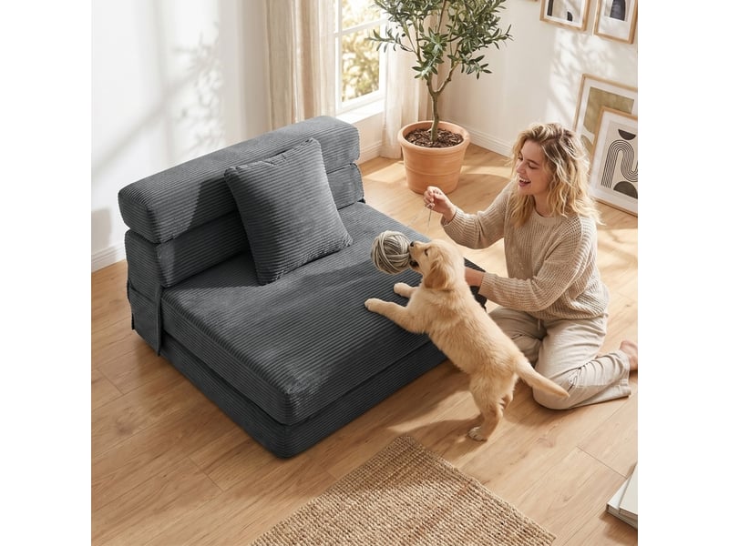  Fauteuil de sol convertible en lit une place, pliable en velours côtelé gris foncé, avec coussin lombaire pour salon  - Conforama B