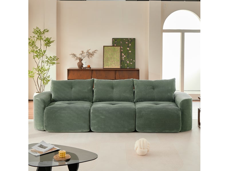 Canapé droit 3 places en velours côtelé vert sauge - Conforama W