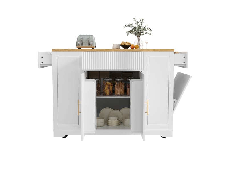  Îlot de cuisine 120x50x92 cm avec tiroirs, portes, roulettes et étagères, pour cuisine, en mdf et métal, bois et blanc  - Conforama A