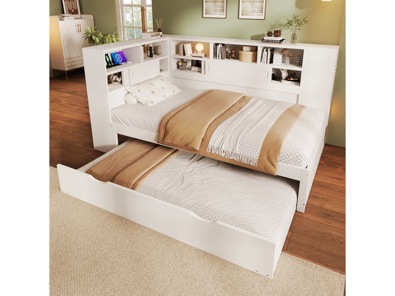  Lit de jour, lit enfant 90x200 + 90x190 cm, canapé-lit, lit gigogne, tête de lit avec rangement, usb, sans matelas, blanc  - Conforama D