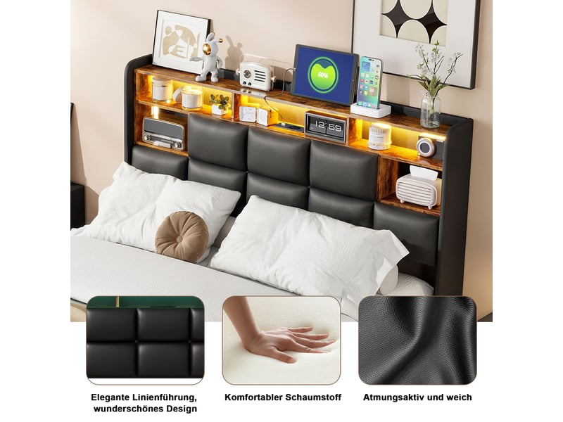  Lit coffre 140x190 avec rangement, lit 2 places avec led et ports usb lit hydraulique avec tête de lit capitonné lit double rembourré avec sommier à lattes lit 2 personnes noir pu, sans matelas  - Conforama E