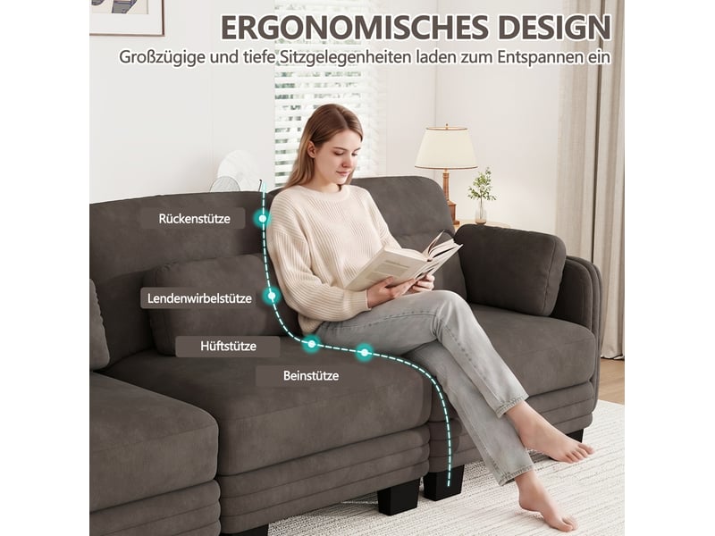 Canapé droit modulaire 4 places 330x88x88 cm, coussins lombaires et accoudoir, design ergonomique chenille marron - Conforama E