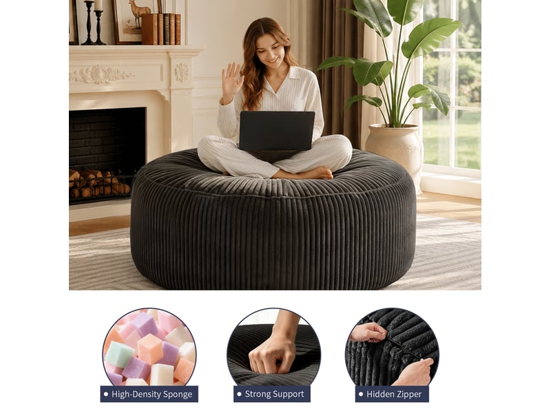 Fauteuil pouf rond pour adultes et adolescents avec mousse à mémoire de forme, en velours côtelé noir - Conforama E