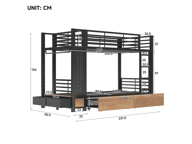  Lit superposé 90x200 cm noir en métal et mdf avec led, rangements et tringle à vêtements, sans matelas  - Conforama C