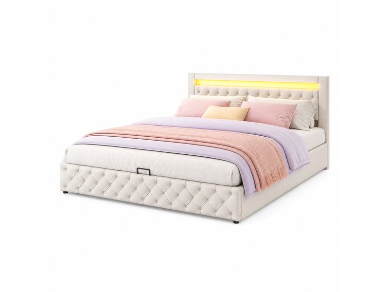  Lit coffre 180x200 cm avec sommier à lattes, rangement et éclairage led, blanc  - Conforama A