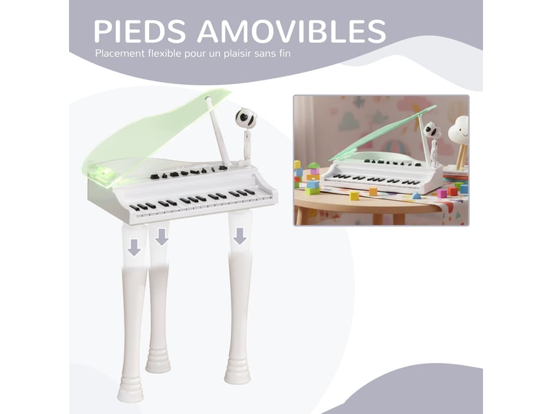  Piano enfant électronique 32 touches multifonctions avec micro haut parleur tabouret couvercle lumineux led blanc  - Conforama R