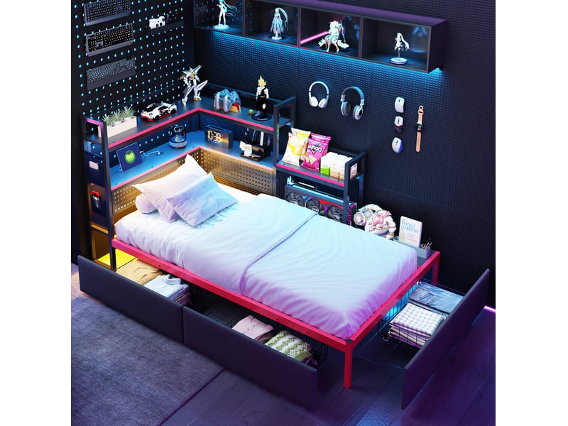  Lit simpple 90x200 cm, style gaming, 3 tiroirs, lit enfant, led, panneau perforé, rangement, métal noir sans matelas  - Conforama W