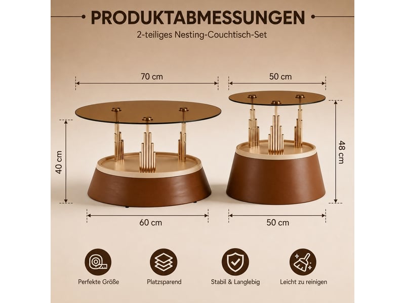  Lot de 2 tables basses gigognes en verre trempé et métal, marron, 70 x 48 cm  - Conforama B